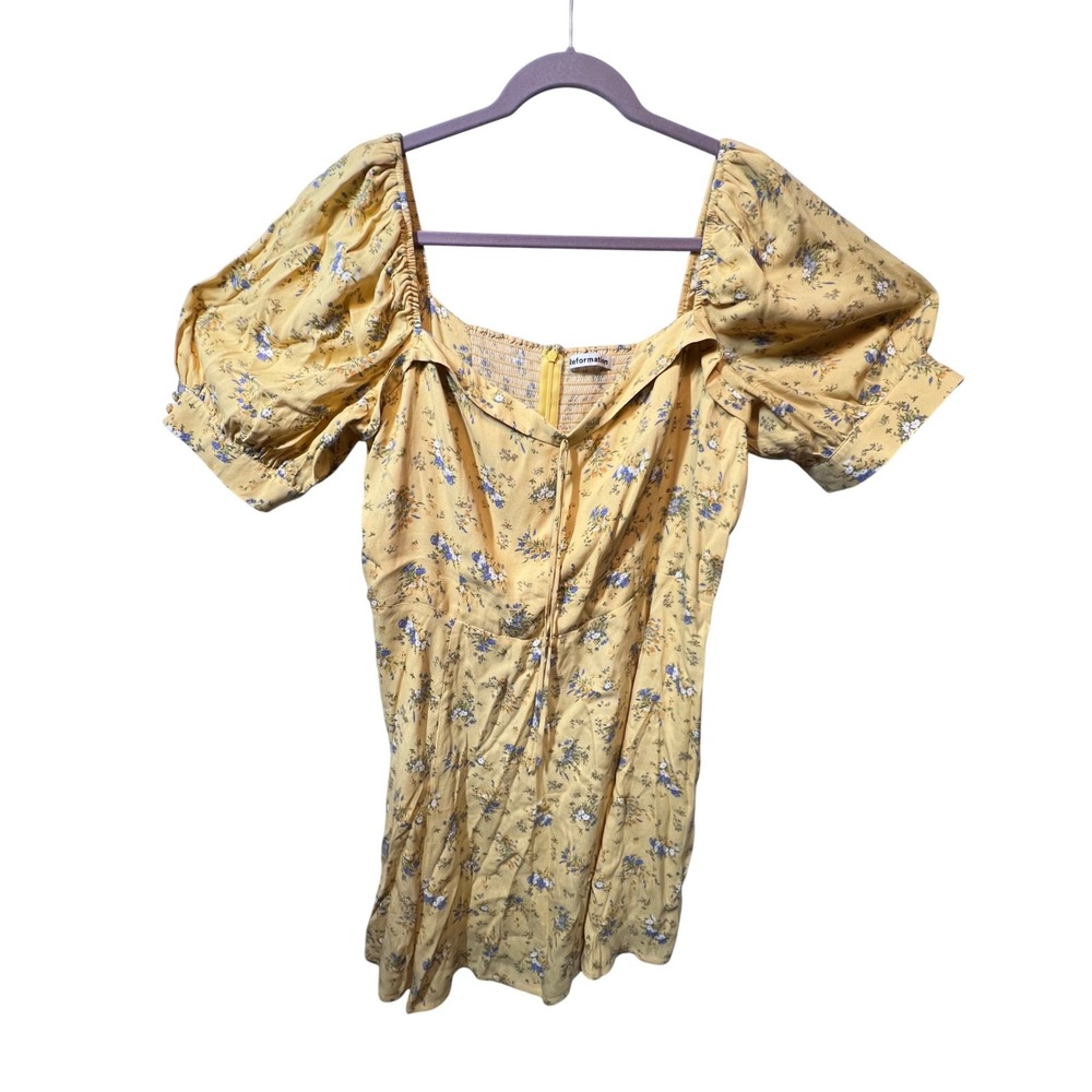 Reformation Floral Mini Dress Yellow Puff Short Sleeve‎ Smocked Casual Size 16